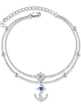 Nautical Layered Anchor & Ship Wheel Bracelet - 925 Sterling Silver Jewelry Gift